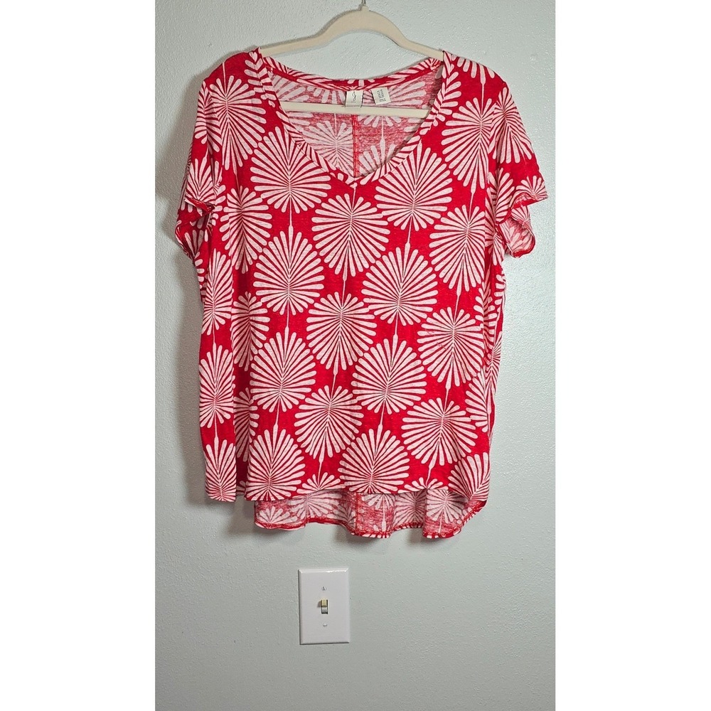 Joie Womens 1X Red White Palm Fan Print V-Neck 100% Linen Short Sleeve Top